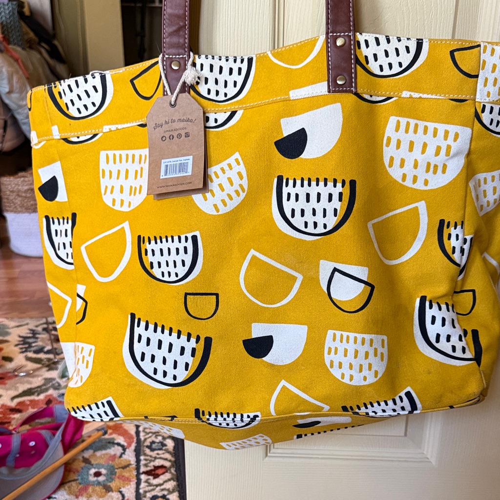 Maika Mustard Yellow Patterned Canvas Tote Bag With Brown Handles — image 4 of 8